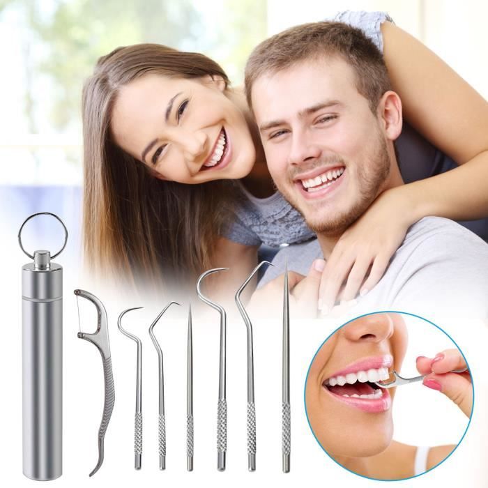 CleanSmile™ | Soins Quotidiens | Kit de 7 cure-dents et soie dentaire réutilisables | Acier inoxydable | Porte-clefs