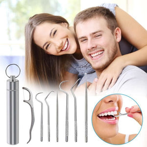 CleanSmile™ | Soins Quotidiens | Kit de 7 cure-dents et soie dentaire réutilisables | Acier inoxydable | Porte-clefs
