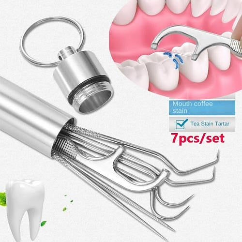 CleanSmile™ | Soins Quotidiens | Kit de 7 cure-dents et soie dentaire réutilisables | Acier inoxydable | Porte-clefs