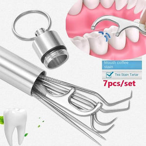 CleanSmile™ | Soins Quotidiens | Kit de 7 cure-dents et soie dentaire réutilisables | Acier inoxydable | Porte-clefs