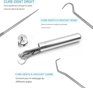 CleanSmile™ | Soins Quotidiens | Kit de 7 cure-dents et soie dentaire réutilisables | Acier inoxydable | Porte-clefs
