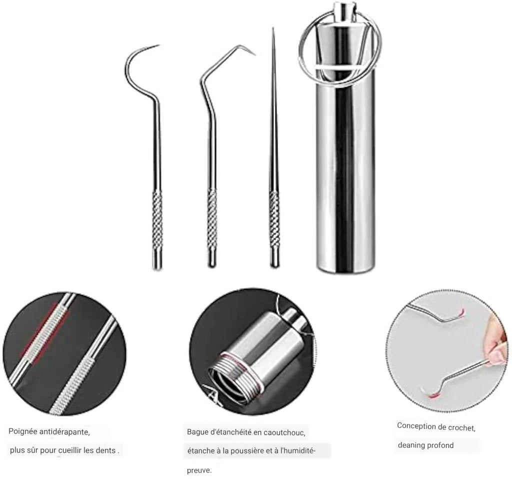 CleanSmile™ | Soins Quotidiens | Kit de 7 cure-dents et soie dentaire réutilisables | Acier inoxydable | Porte-clefs
