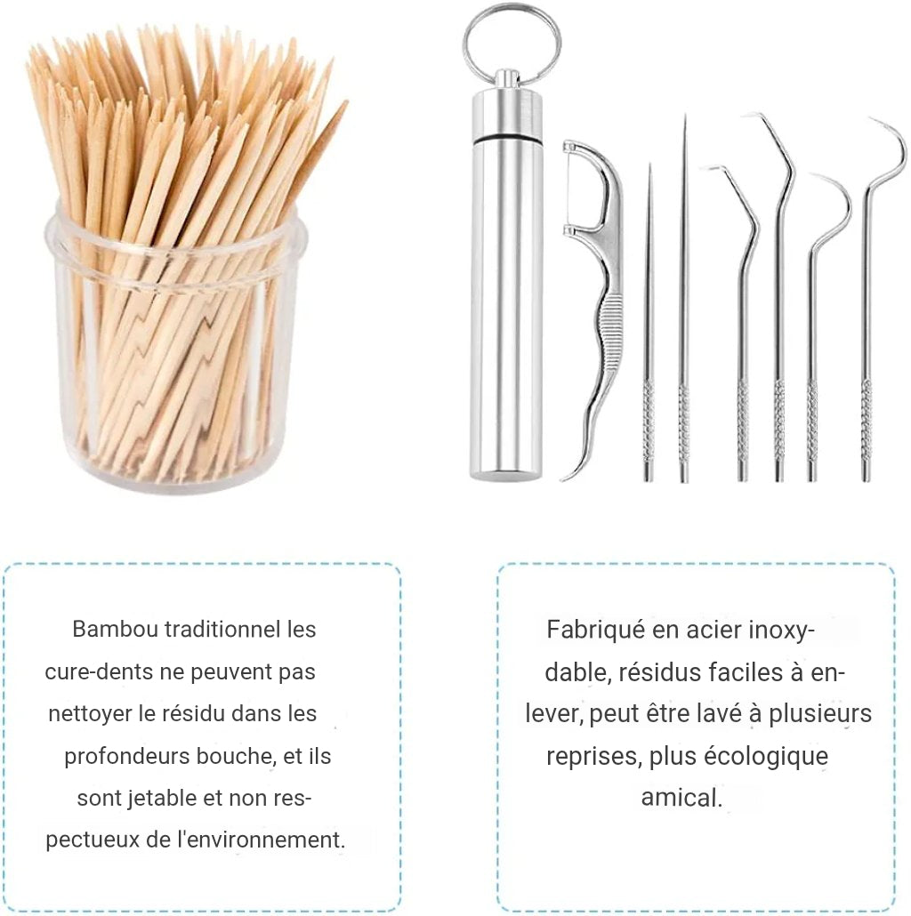 CleanSmile™ | Soins Quotidiens | Kit de 7 cure-dents et soie dentaire réutilisables | Acier inoxydable | Porte-clefs